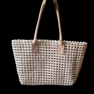 Woven Satchel Tote in Beige and White - Stylish Everyday Carry